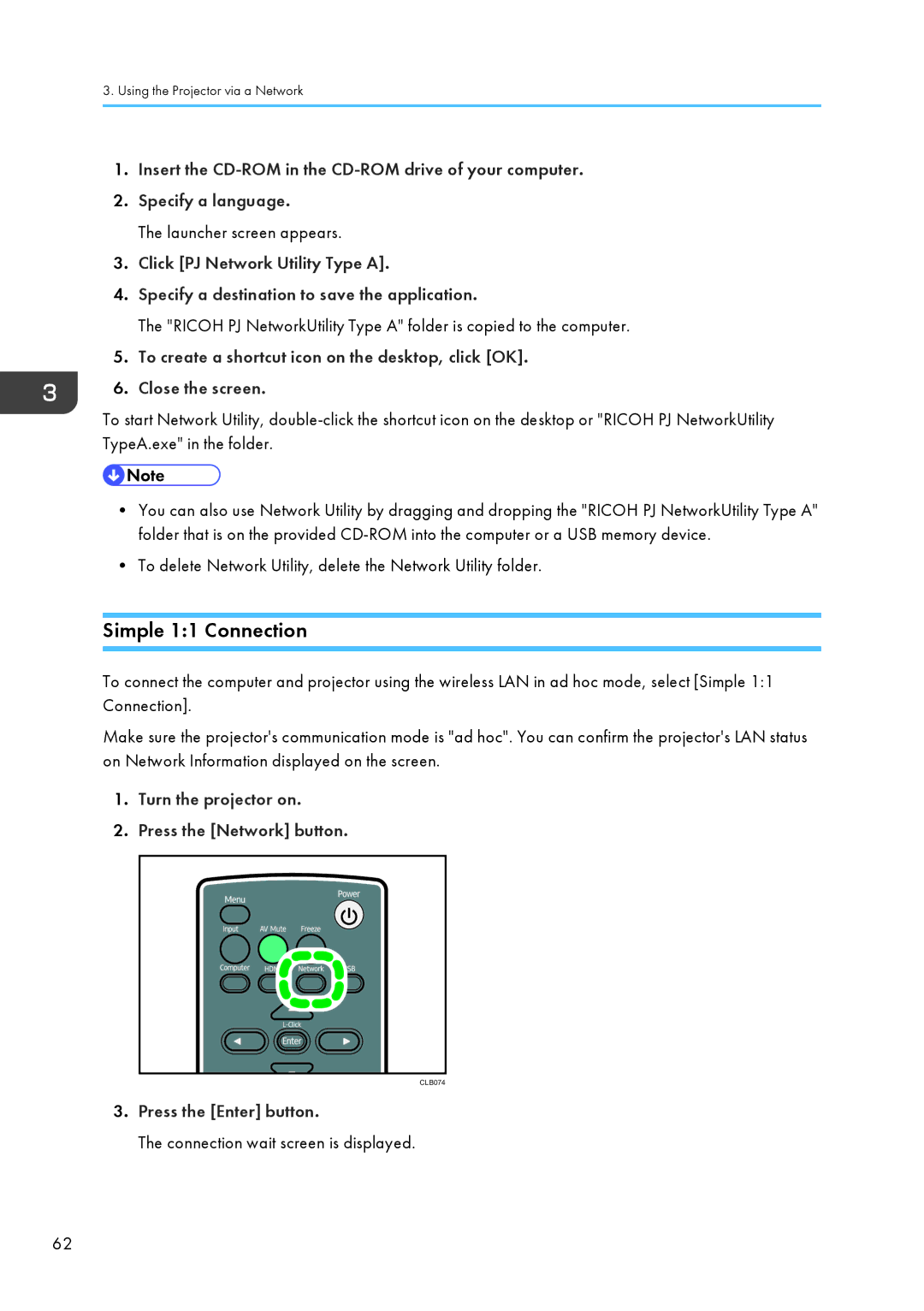 Ricoh WX4130n operating instructions Simple 11 Connection, Turn the projector on Press the Network button 