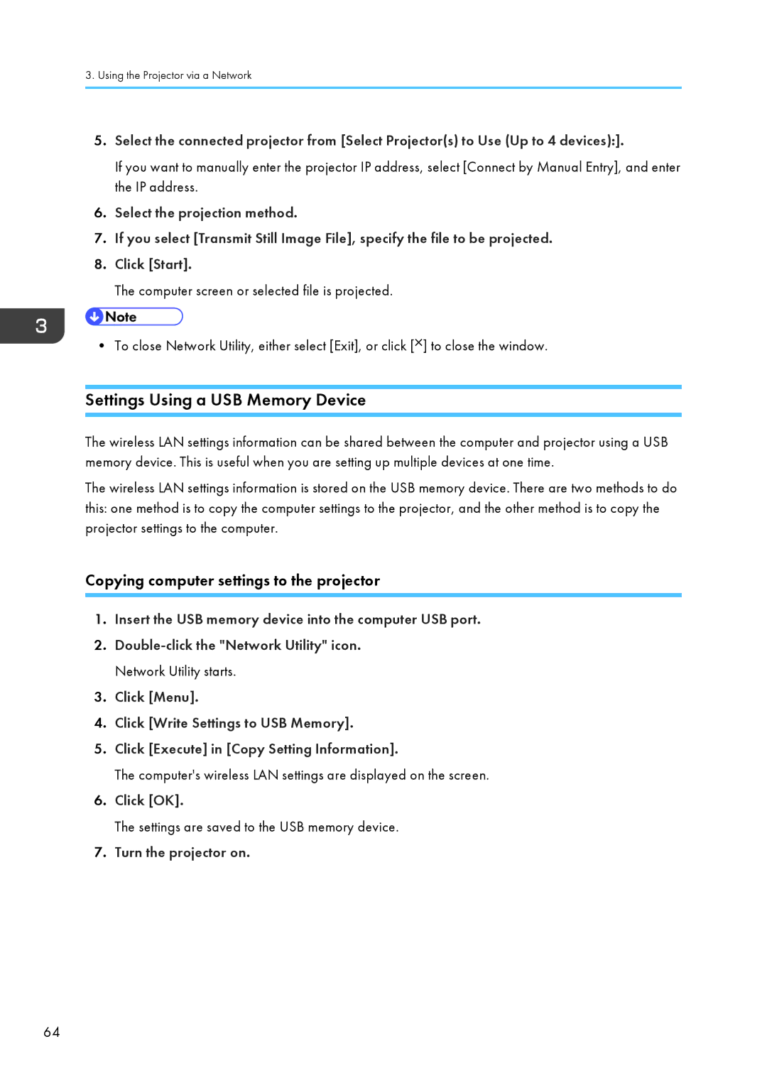 Ricoh WX4130n operating instructions Settings Using a USB Memory Device, Copying computer settings to the projector 