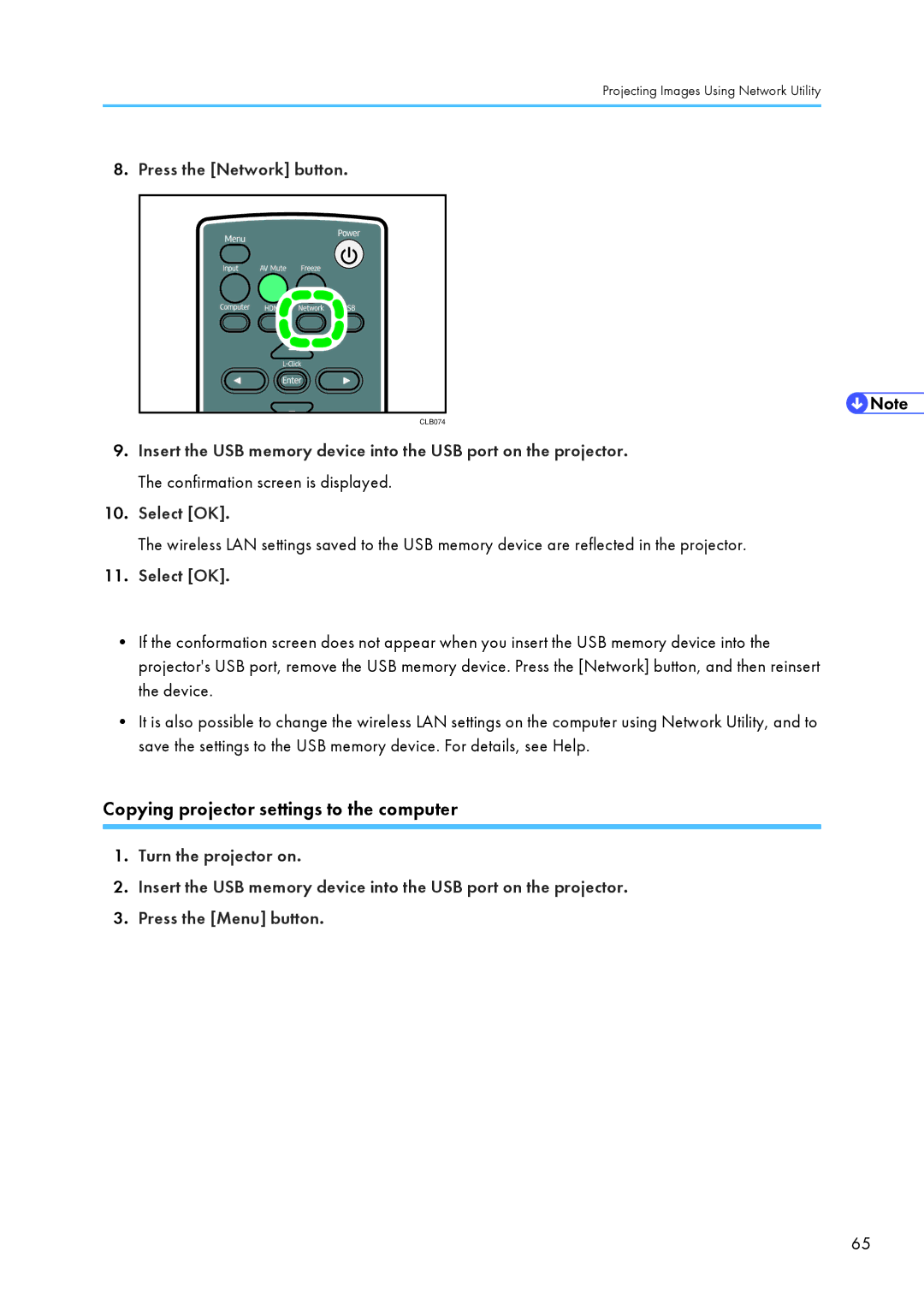 Ricoh WX4130n operating instructions Copying projector settings to the computer, Select OK 