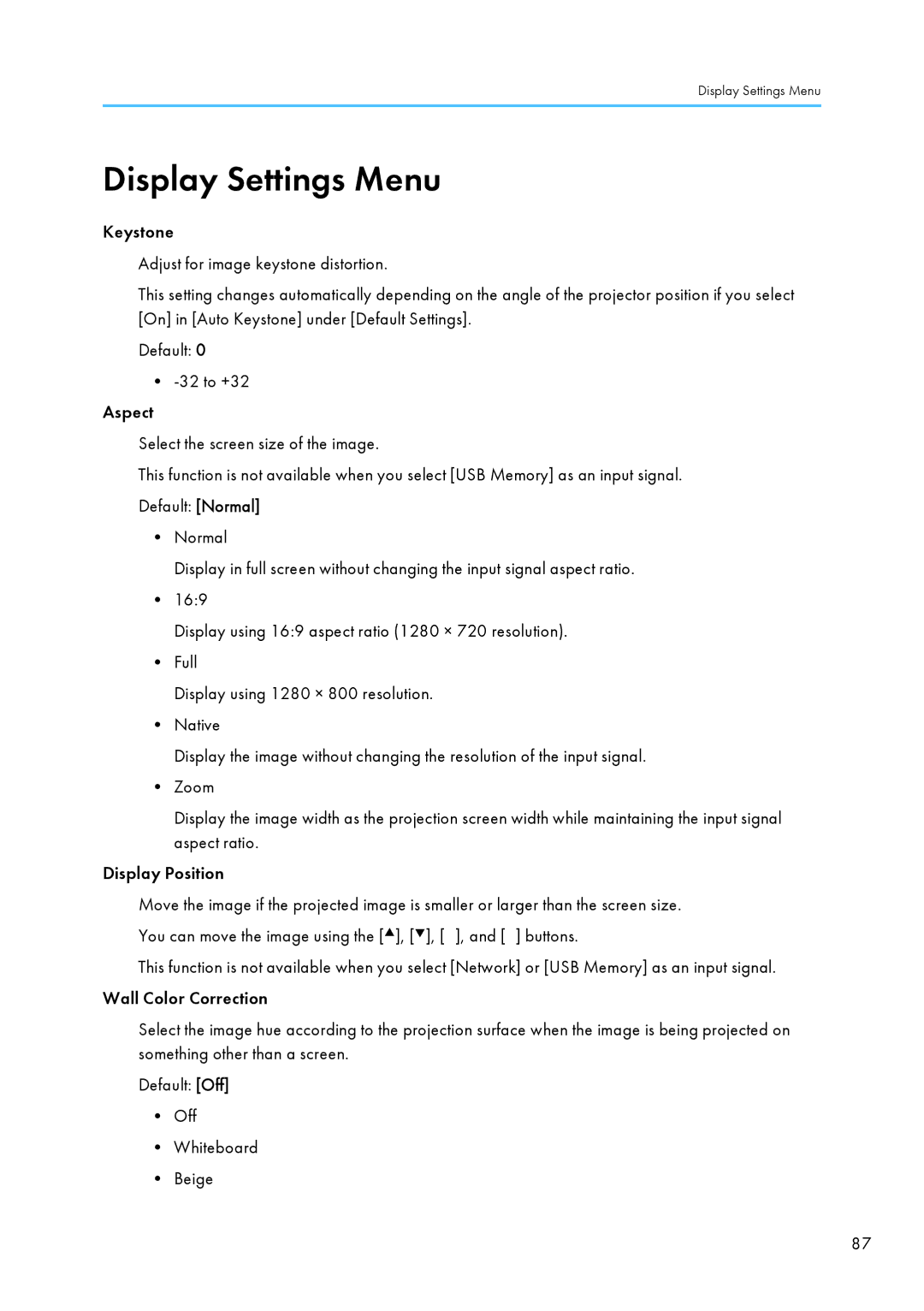 Ricoh WX4130n operating instructions Display Settings Menu 