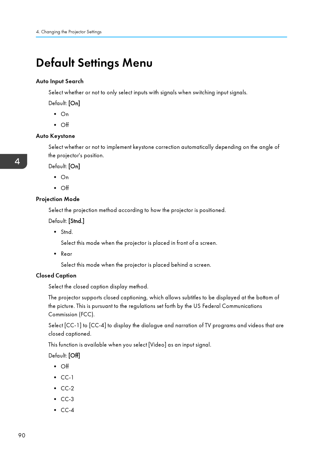 Ricoh WX4130n operating instructions Default Settings Menu 