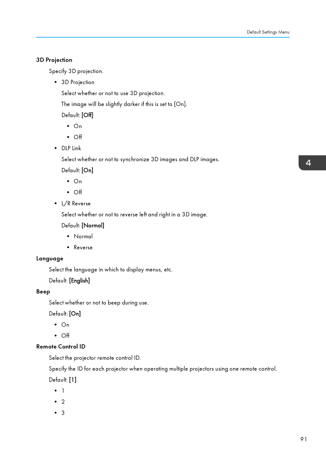 Ricoh WX4130n operating instructions Default Settings Menu 