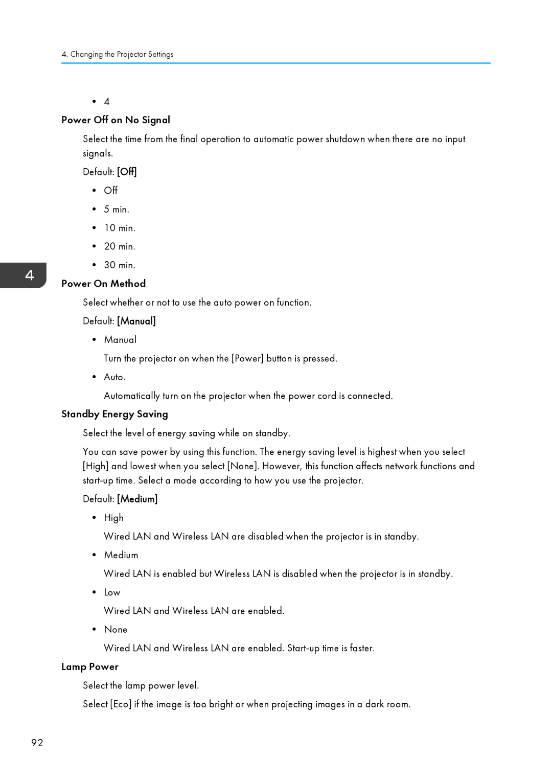 Ricoh WX4130n operating instructions Changing the Projector Settings 