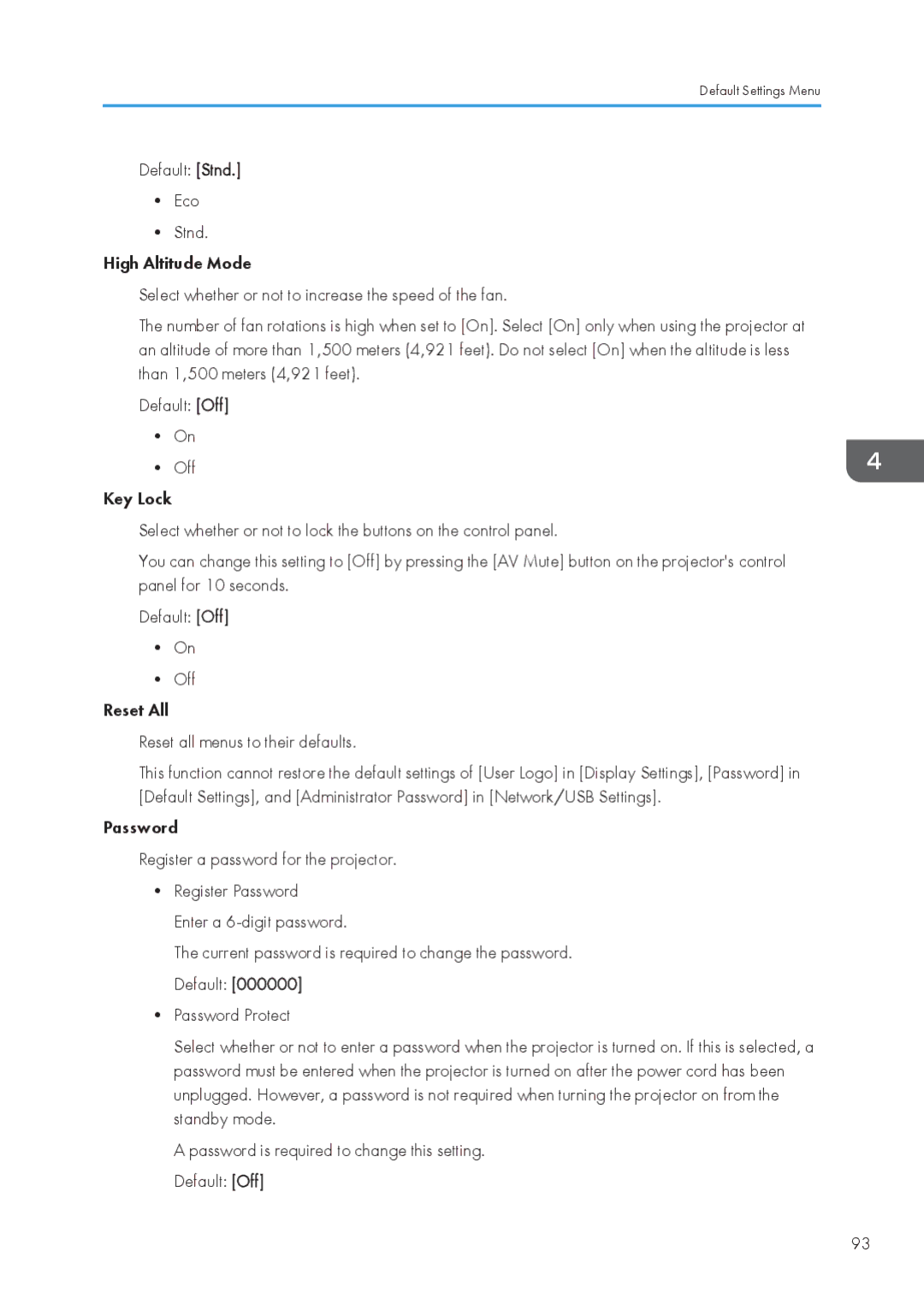 Ricoh WX4130n operating instructions Default Settings Menu 