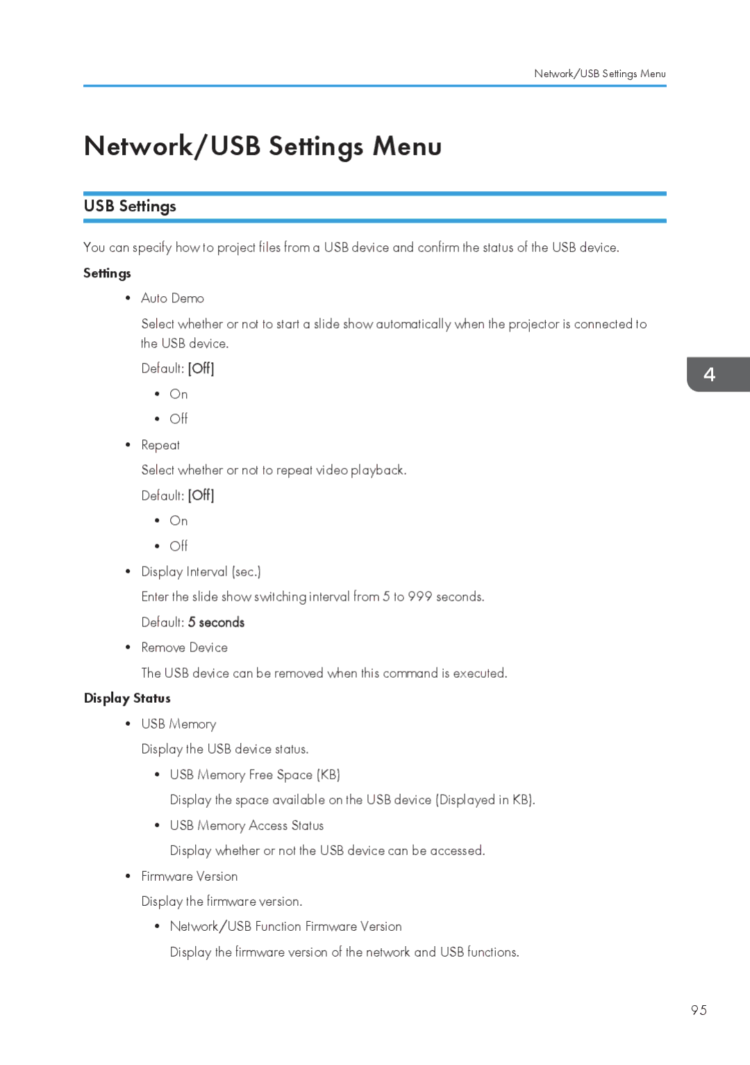 Ricoh WX4130n operating instructions Network/USB Settings Menu 