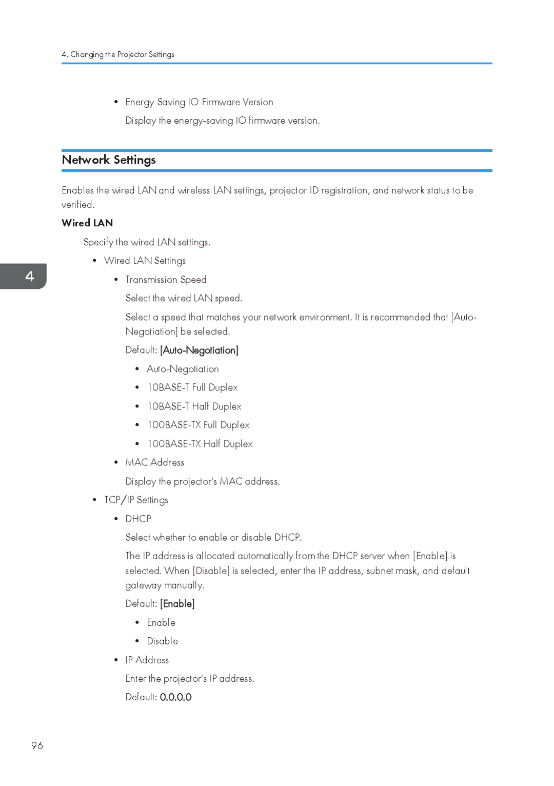 Ricoh WX4130n operating instructions Network Settings, Default Auto-Negotiation 