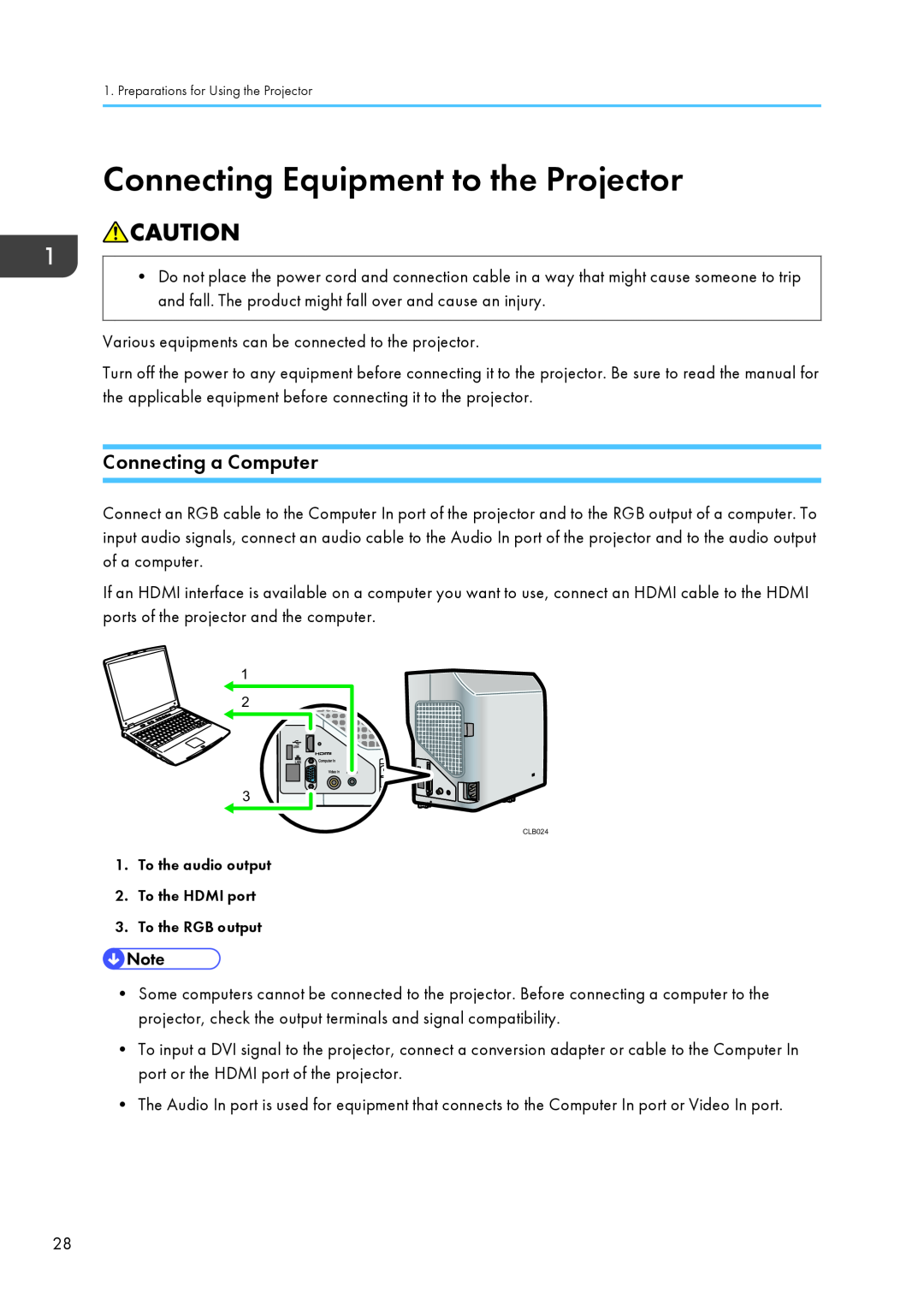 Ricoh WX4130n operating instructions Connecting Equipment to the Projector, Connecting a Computer 