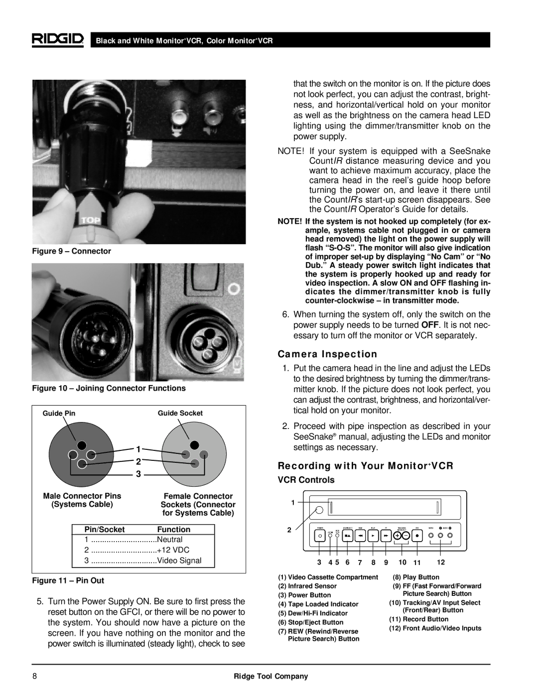 RIDGID 120V manual Camera Inspection, Recording with Your Monitor+VCR, VCR Controls 