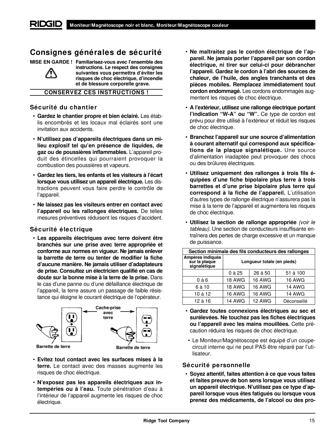 RIDGID 120V manual Consignes générales de sécurité, Sécurité du chantier, Sécurité électrique, Sécurité personnelle 