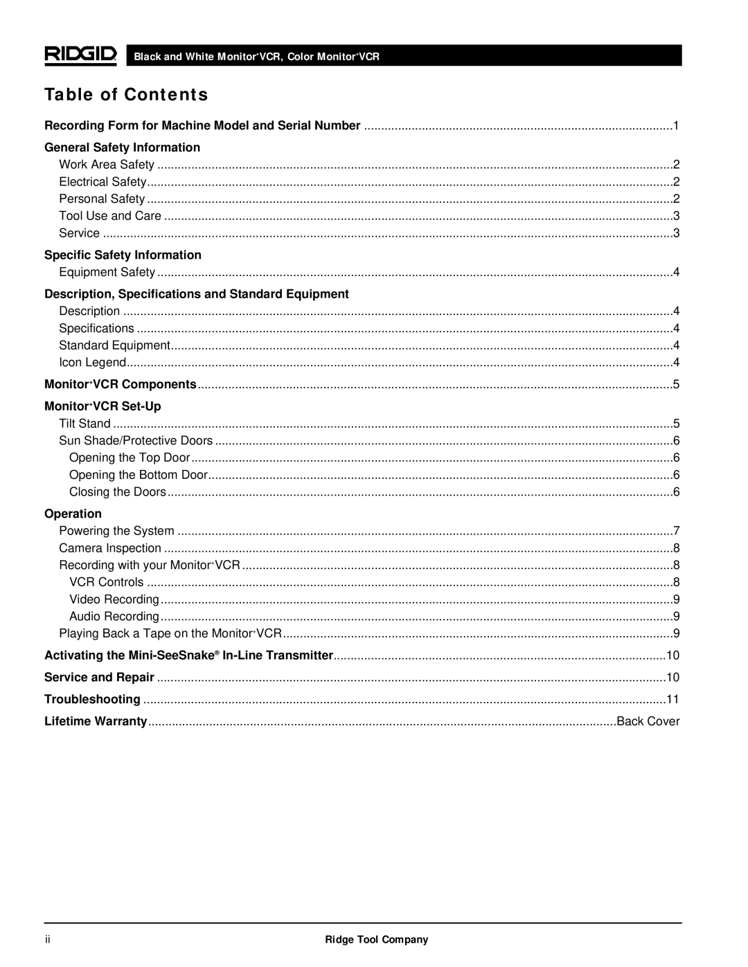 RIDGID 120V manual Table of Contents 