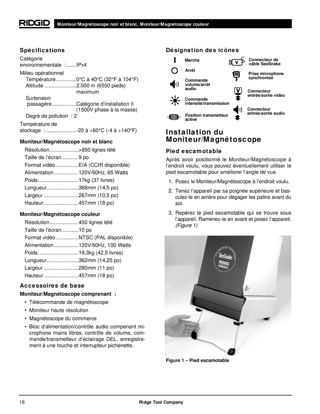 RIDGID 120V manual Installation du Moniteur/Magnétoscope, Spécifications, Accessoires de base, Désignation des icônes 