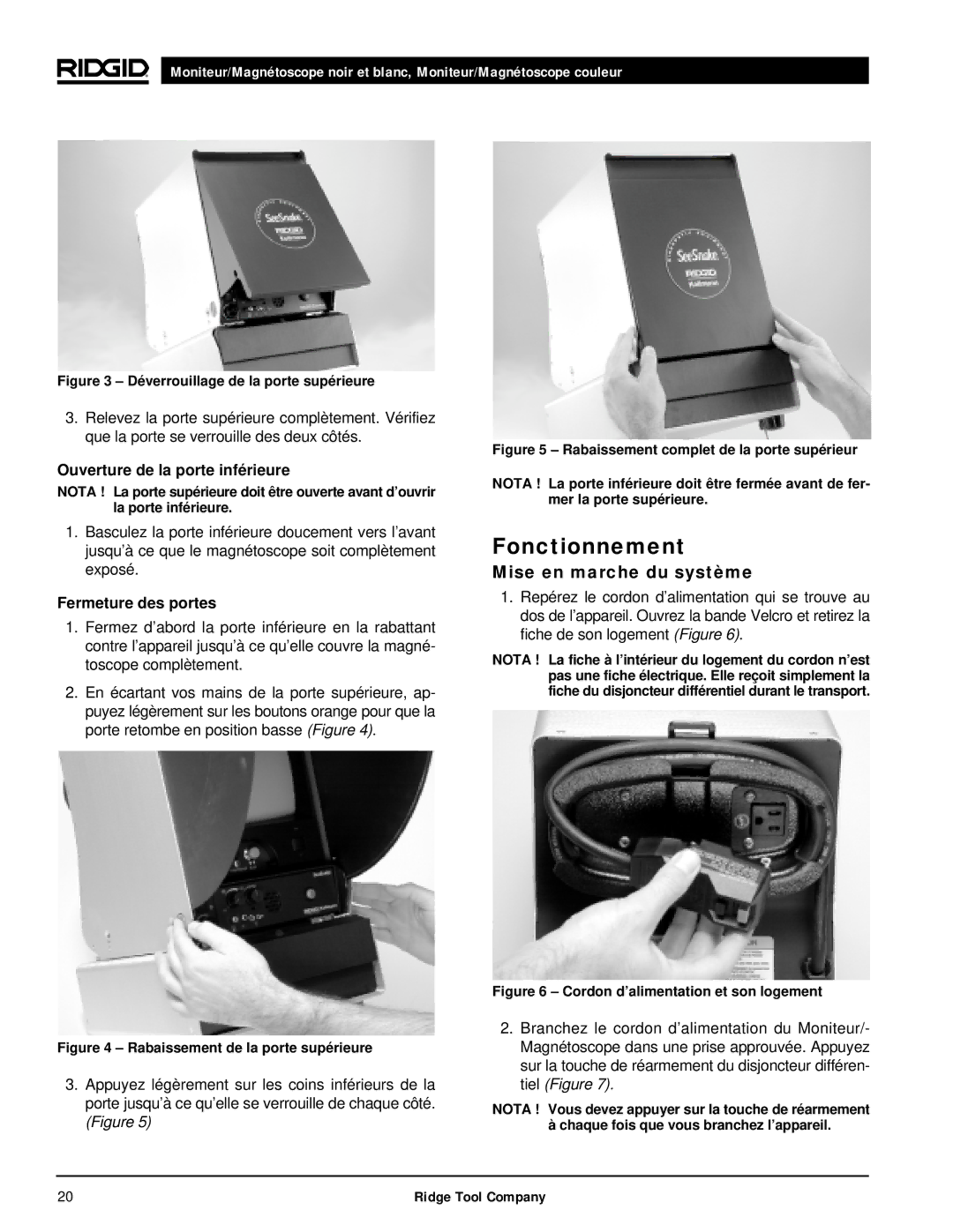 RIDGID 120V manual Fonctionnement, Mise en marche du système, Ouverture de la porte inférieure, Fermeture des portes 