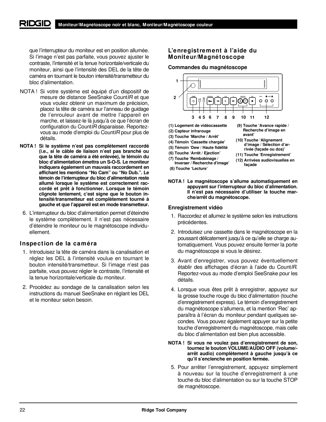 RIDGID 120V manual ’enregistrement à l’aide du Moniteur/Magnétoscope, Inspection de la caméra, Commandes du magnétoscope 