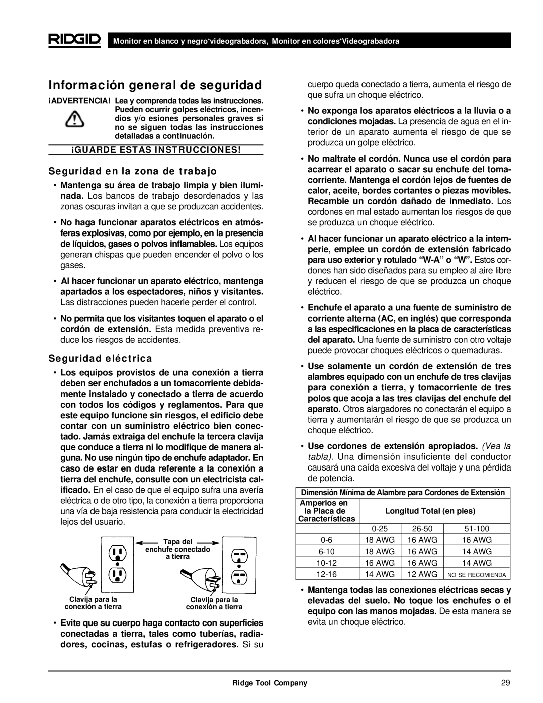 RIDGID 120V manual Información general de seguridad, Seguridad en la zona de trabajo, Seguridad eléctrica 