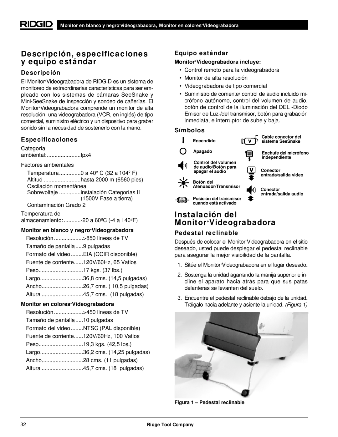 RIDGID 120V manual Descripción, especificaciones y equipo estándar, Instalación del Monitor+Videograbadora 