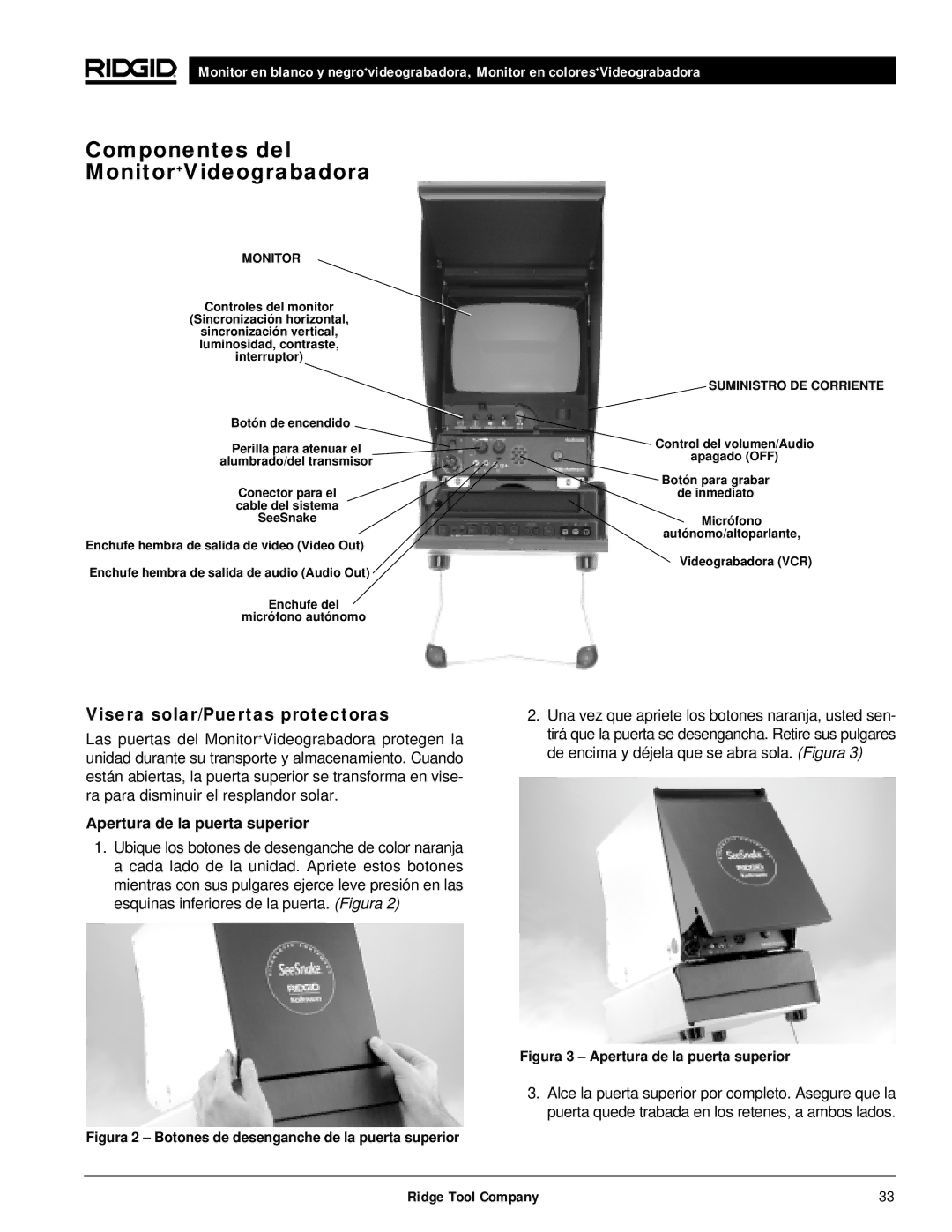 RIDGID 120V manual Componentes del Monitor+Videograbadora, Visera solar/Puertas protectoras, Apertura de la puerta superior 