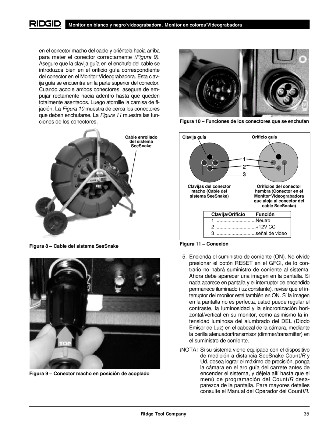 RIDGID 120V manual Figura 8 Cable del sistema SeeSnake, Clavija/Orificio Función Neutro +12V CC Señal de video 