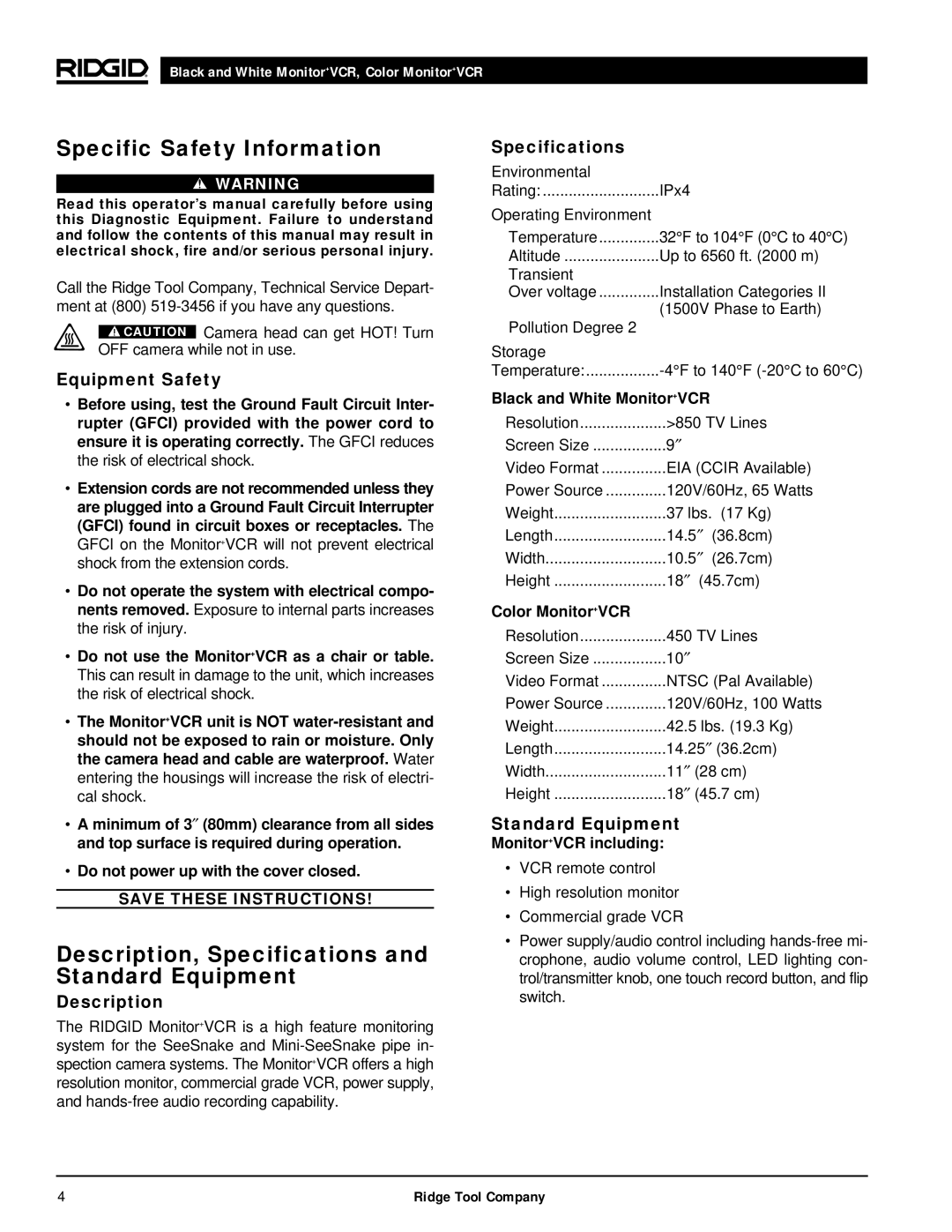 RIDGID 120V manual Specific Safety Information, Description, Specifications and Standard Equipment 