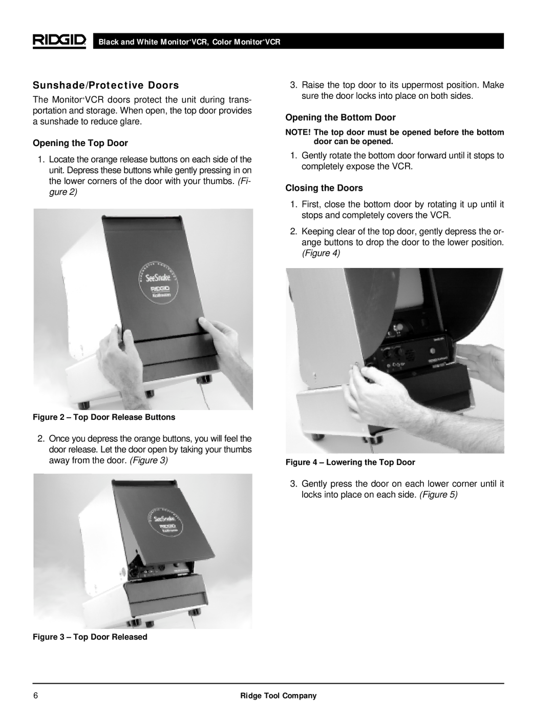 RIDGID 120V manual Sunshade/Protective Doors, Opening the Top Door, Opening the Bottom Door, Closing the Doors 