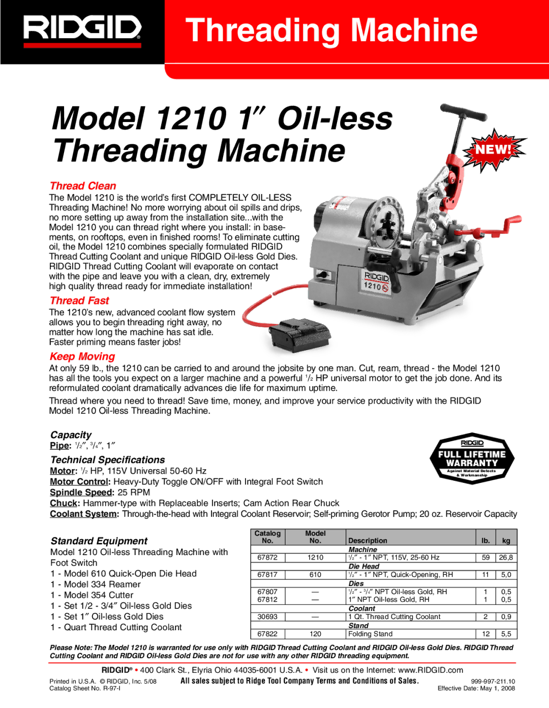 RIDGID 1210 technical specifications Thread Clean, Thread Fast, Keep Moving 