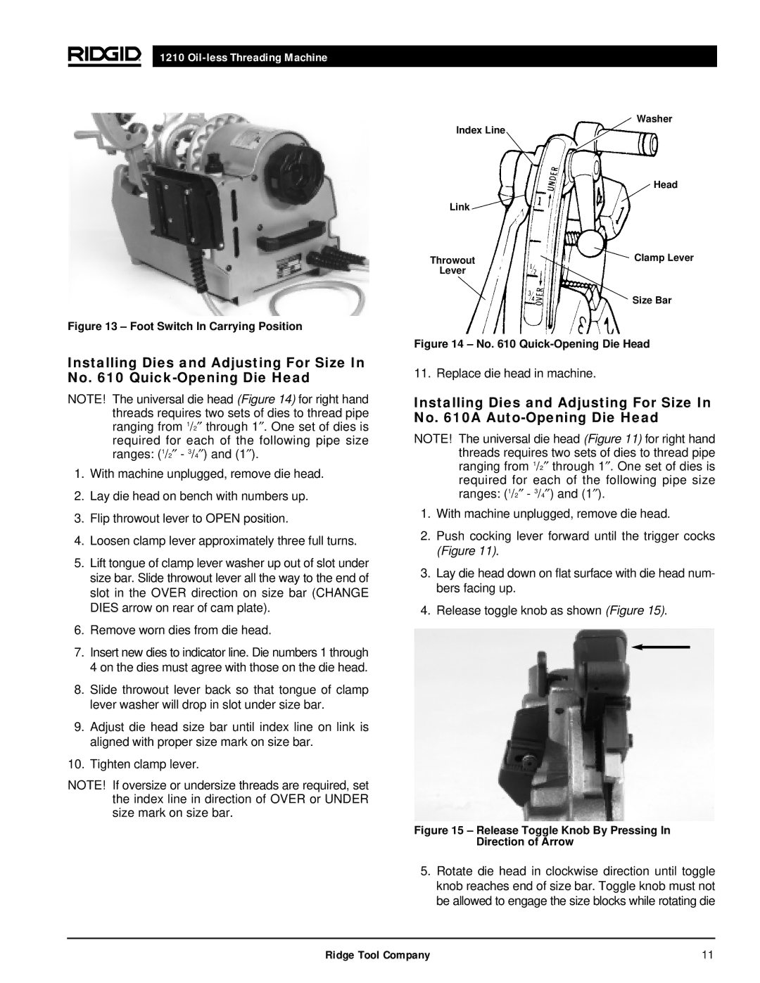 RIDGID 1210 manual Replace die head in machine 