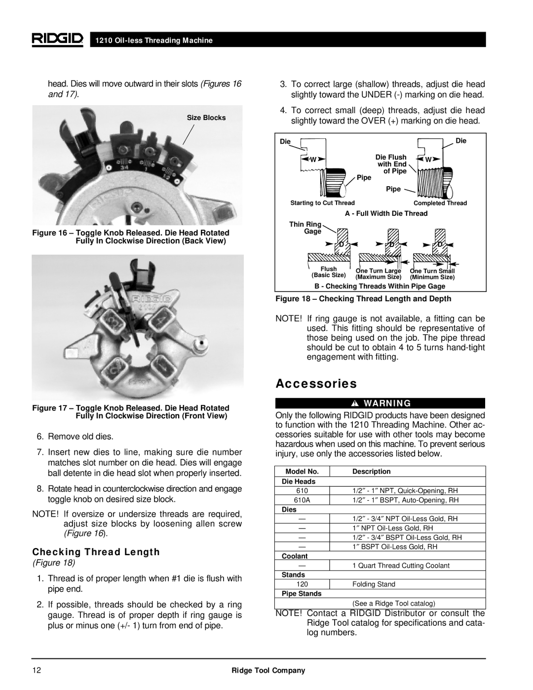 RIDGID 1210 manual Accessories, Checking Thread Length 