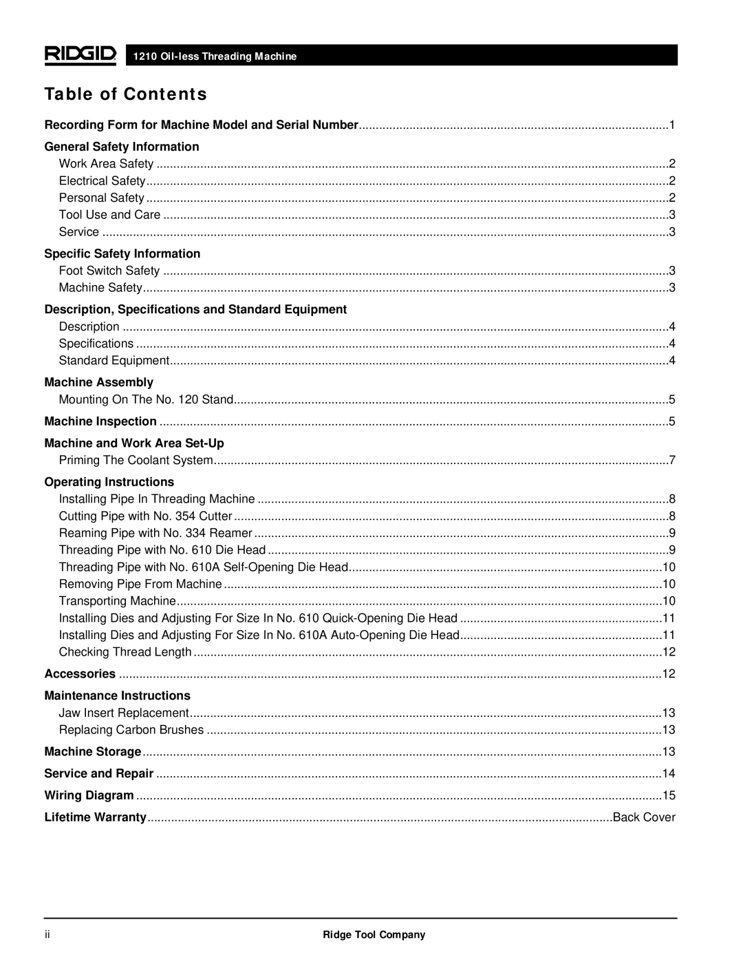 RIDGID 1210 manual Table of Contents 