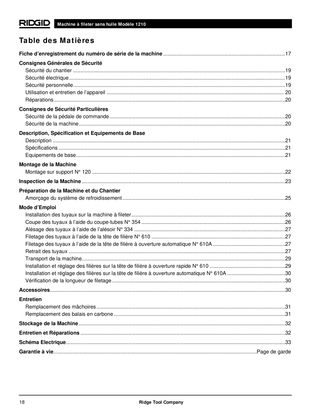 RIDGID 1210 manual Table des Matières, Consignes Générales de Sécurité 