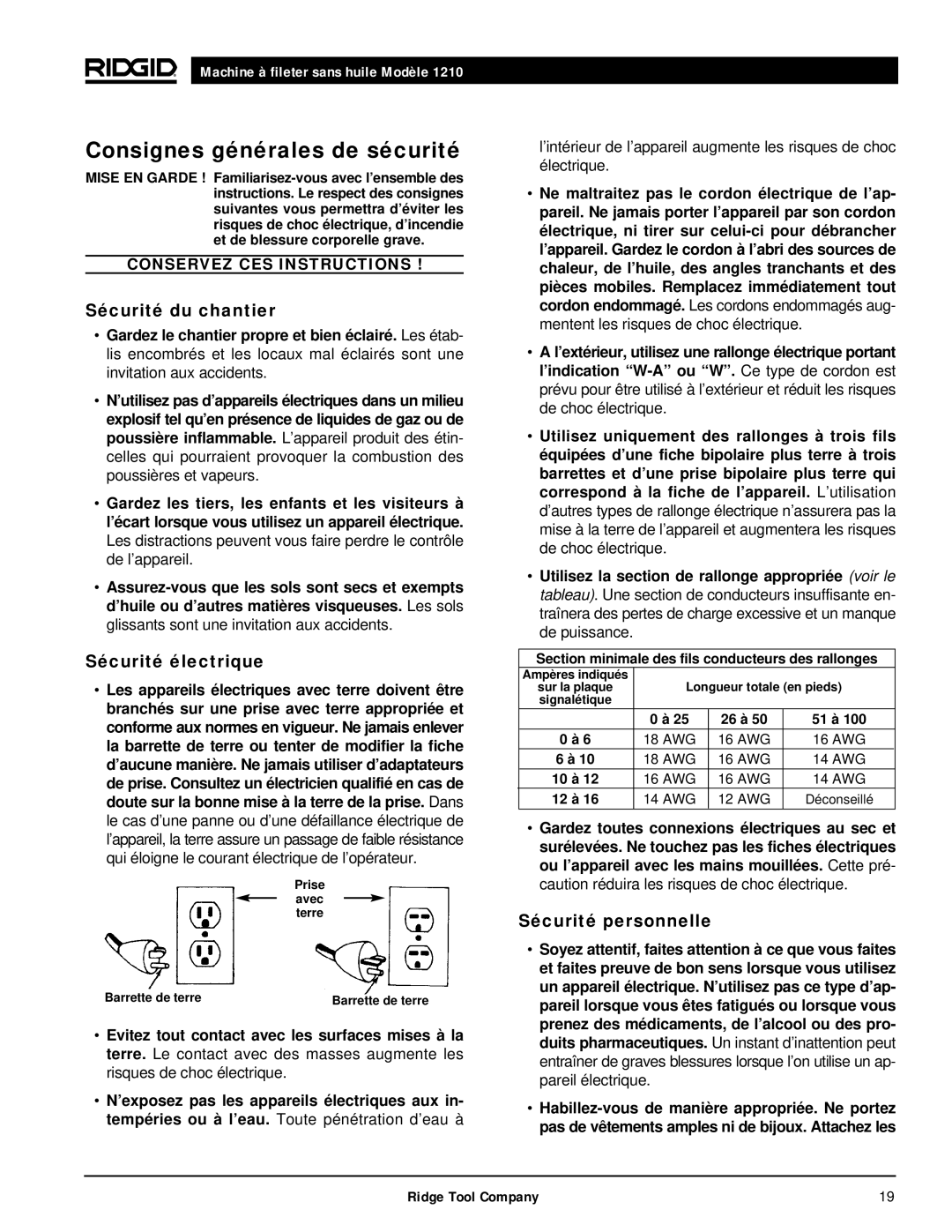 RIDGID 1210 manual Consignes générales de sécurité, Sécurité du chantier, Sécurité électrique, Sécurité personnelle 