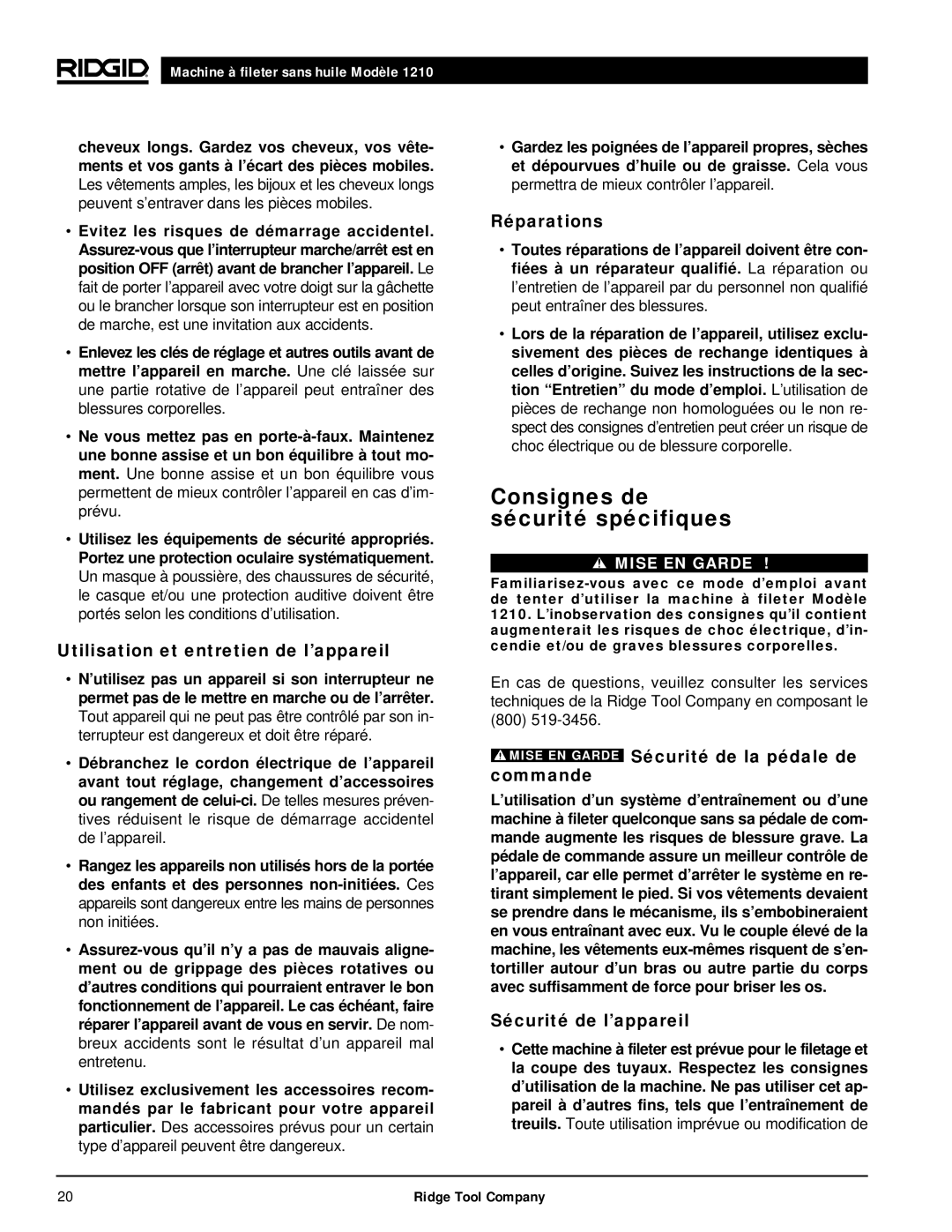 RIDGID 1210 Consignes de sécurité spécifiques, Utilisation et entretien de l’appareil, Réparations, Sécurité de l’appareil 