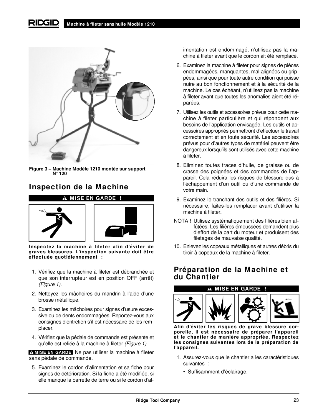 RIDGID 1210 manual Inspection de la Machine, Préparation de la Machine et du Chantier 