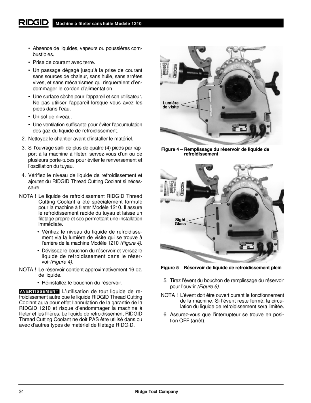 RIDGID 1210 manual Remplissage du réservoir de liquide de refroidissement 