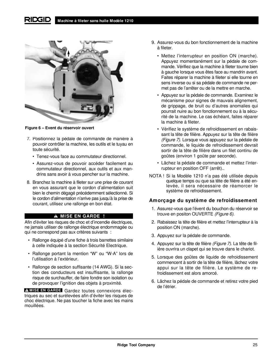 RIDGID 1210 manual Amorçage du système de refroidissement, Event du réservoir ouvert 