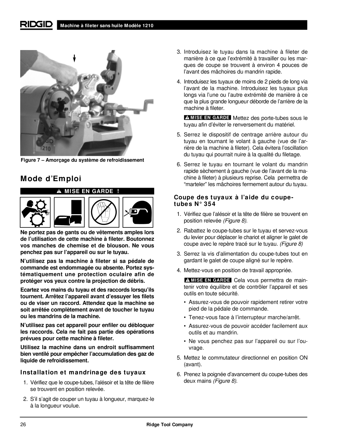 RIDGID 1210 manual Mode d’Emploi, Installation et mandrinage des tuyaux, Coupe des tuyaux à l’aide du coupe- tubes N 