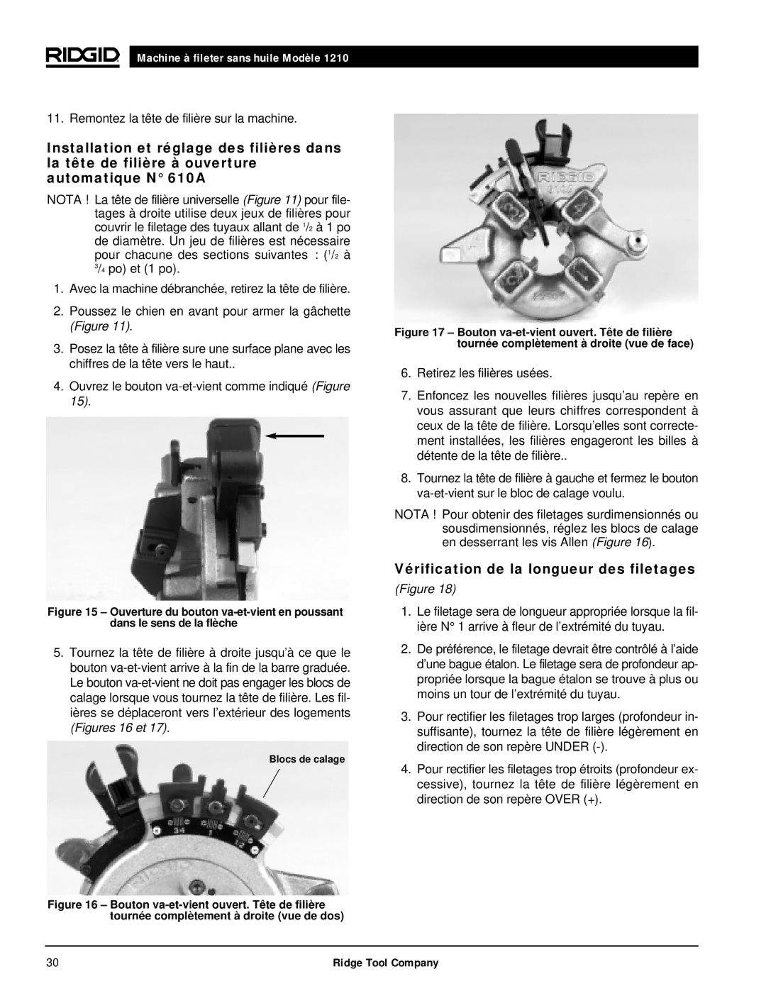 RIDGID 1210 manual Vérification de la longueur des filetages 