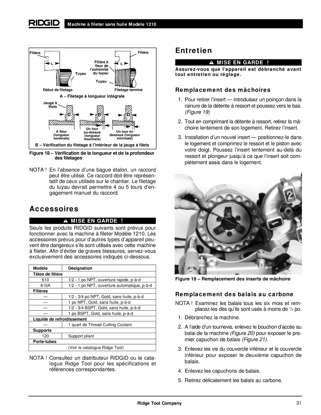 RIDGID 1210 manual Accessoires, Entretien, Remplacement des mâchoires, Remplacement des balais au carbone 