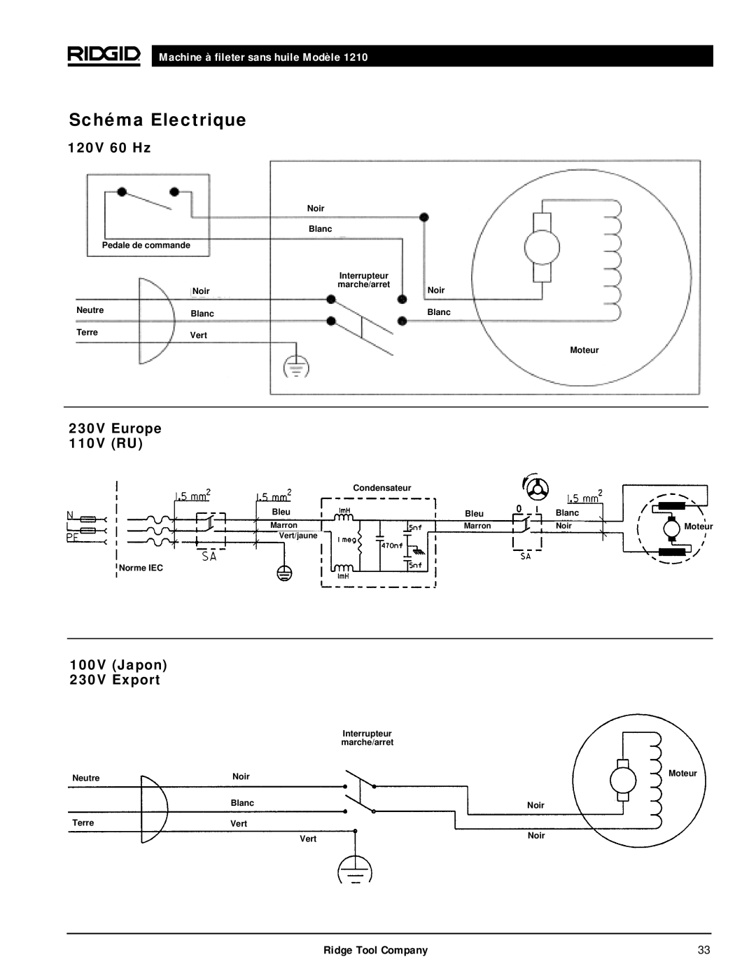 RIDGID 1210 manual Schéma Electrique, 120V 60 Hz, 230V Europe 110V RU, 100V Japon 230V Export 