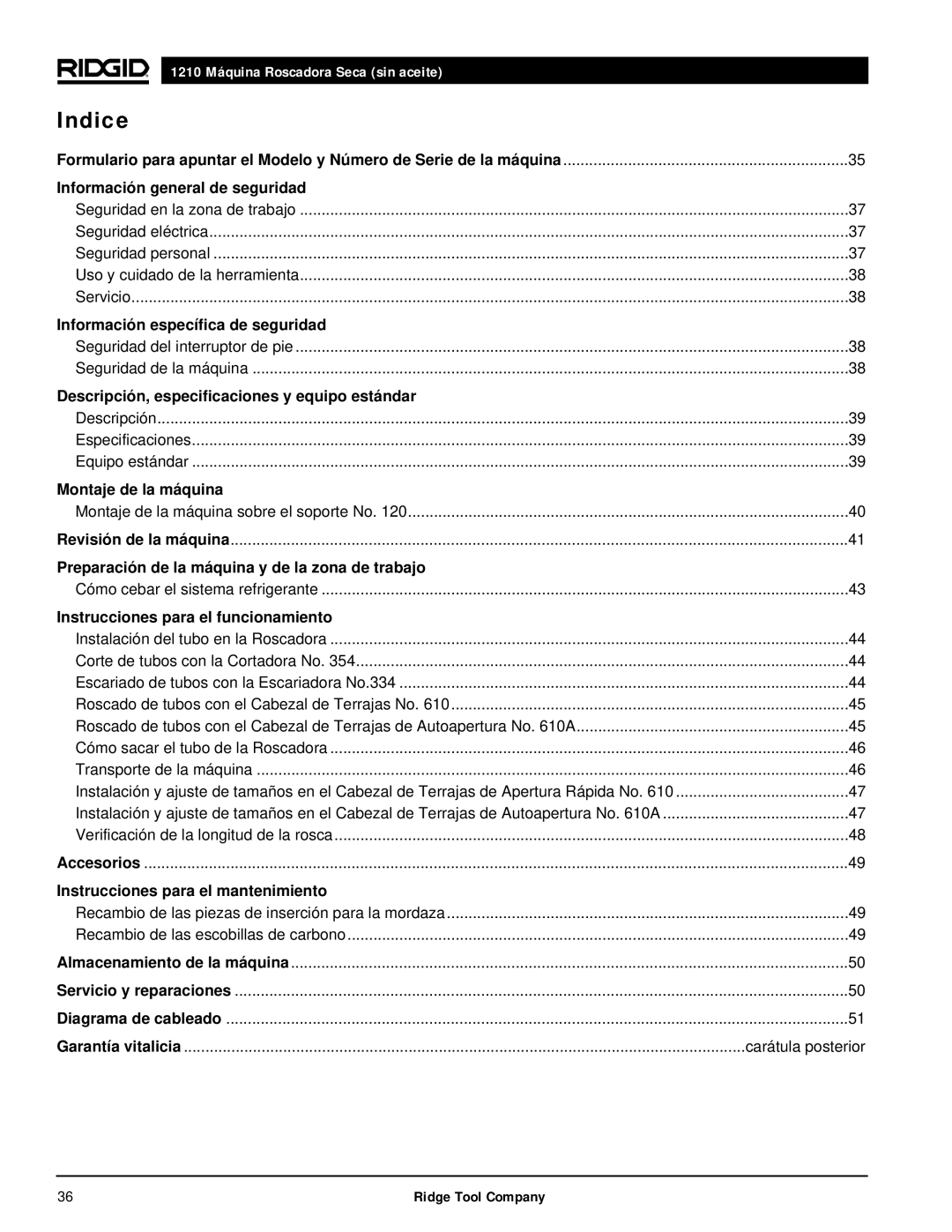 RIDGID 1210 manual Indice, Información general de seguridad 