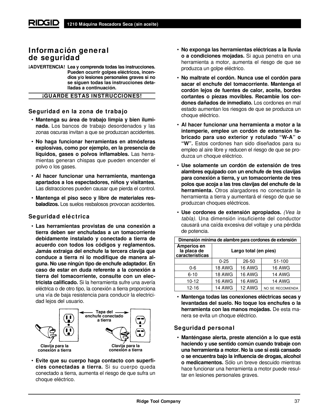 RIDGID 1210 Información general de seguridad, Seguridad en la zona de trabajo, Seguridad eléctrica, Seguridad personal 