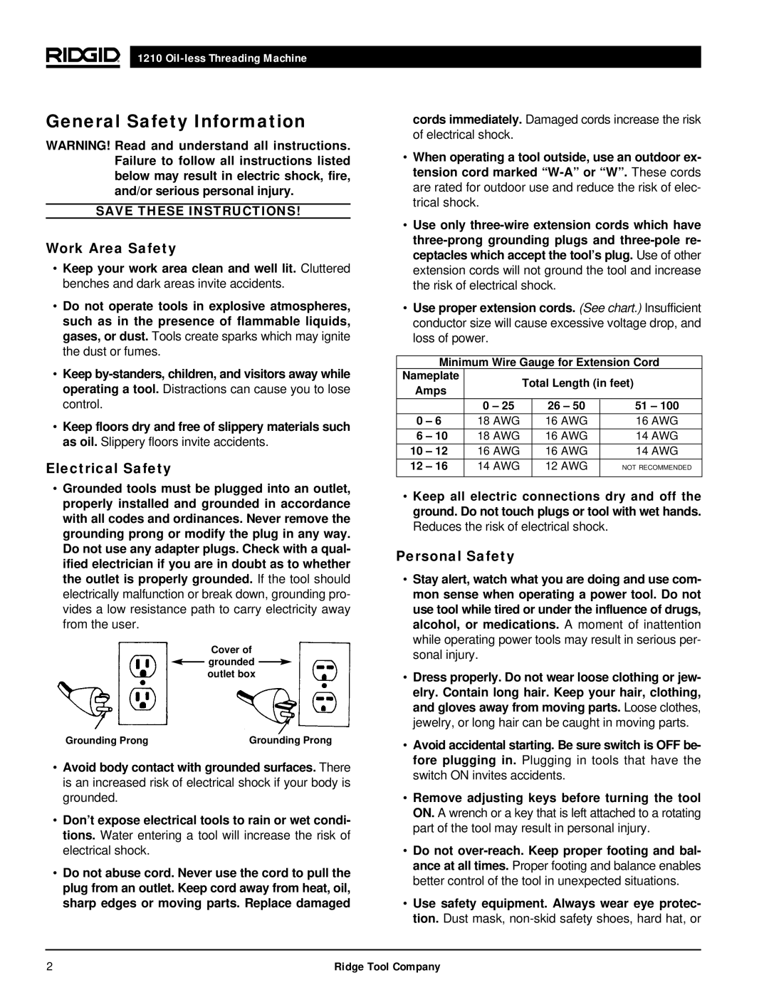 RIDGID 1210 manual General Safety Information, Work Area Safety, Electrical Safety, Personal Safety 