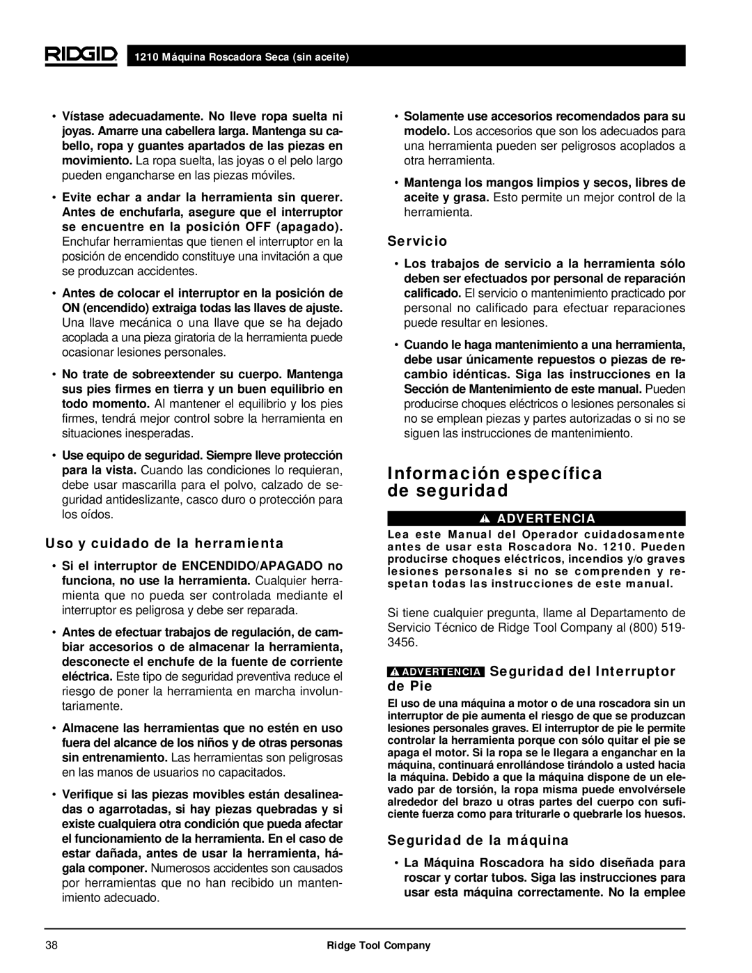 RIDGID 1210 manual Información específica de seguridad, Uso y cuidado de la herramienta, Servicio, Seguridad de la máquina 