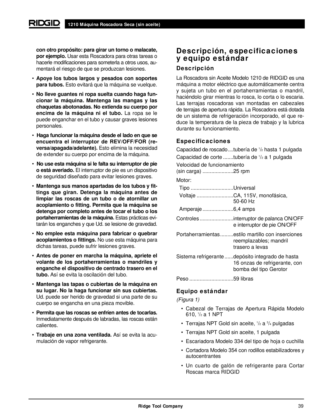 RIDGID 1210 manual Descripción, especificaciones y equipo estándar, Especificaciones, Equipo estándar 