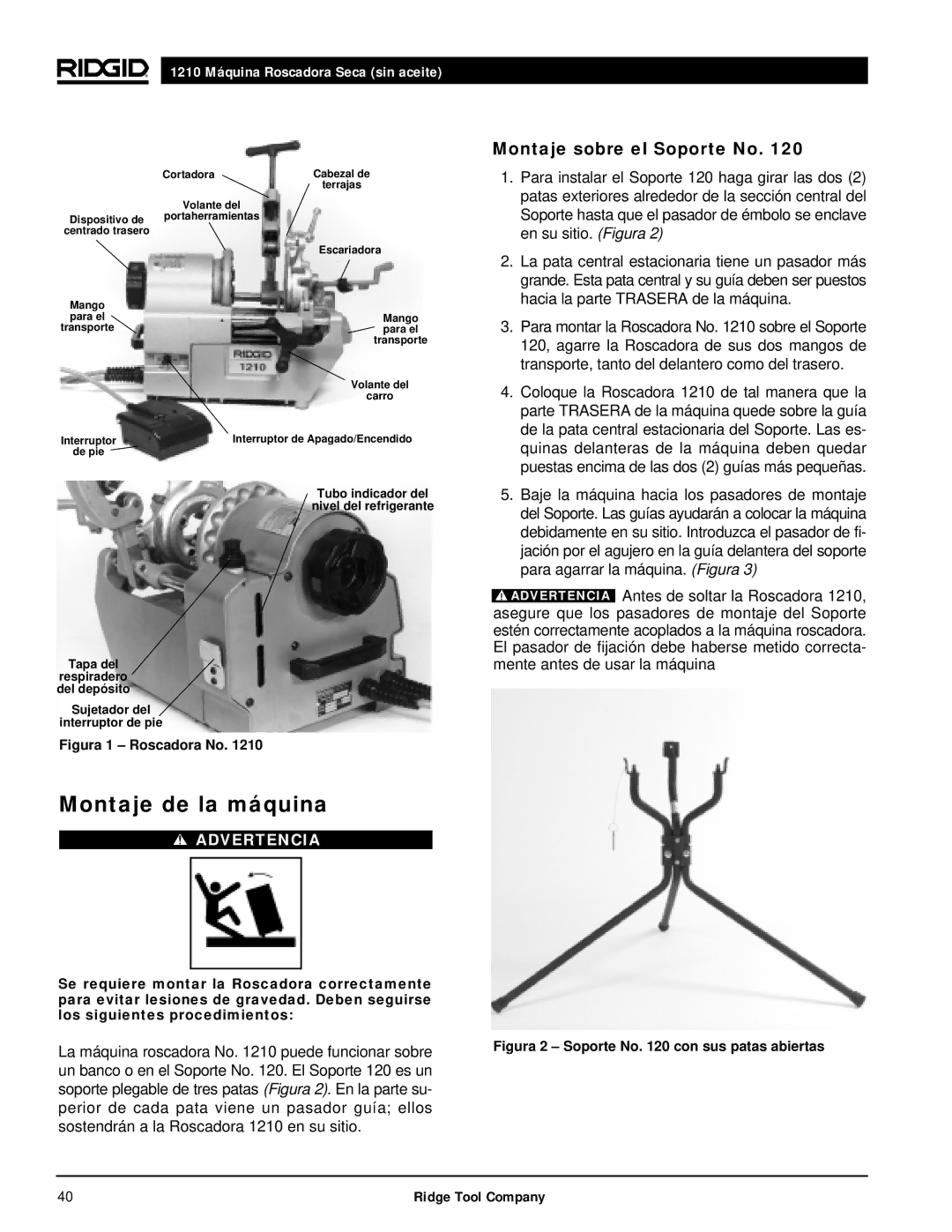 RIDGID 1210 manual Montaje de la máquina, Montaje sobre el Soporte No 