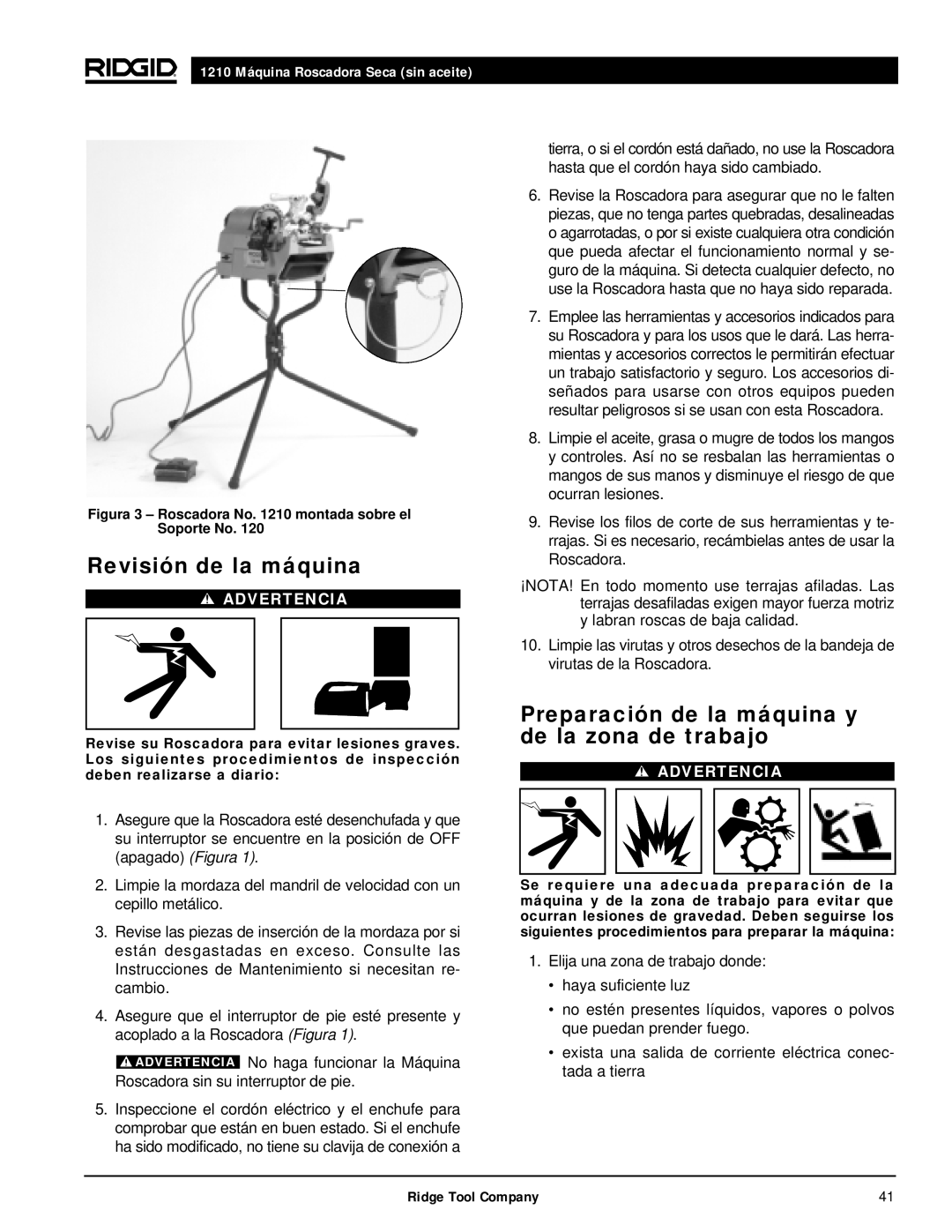 RIDGID 1210 manual Revisión de la máquina, Preparación de la máquina y de la zona de trabajo 