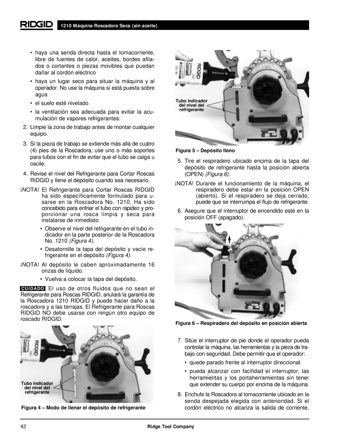 RIDGID 1210 manual Figura 4 Modo de llenar el depósito de refrigerante 