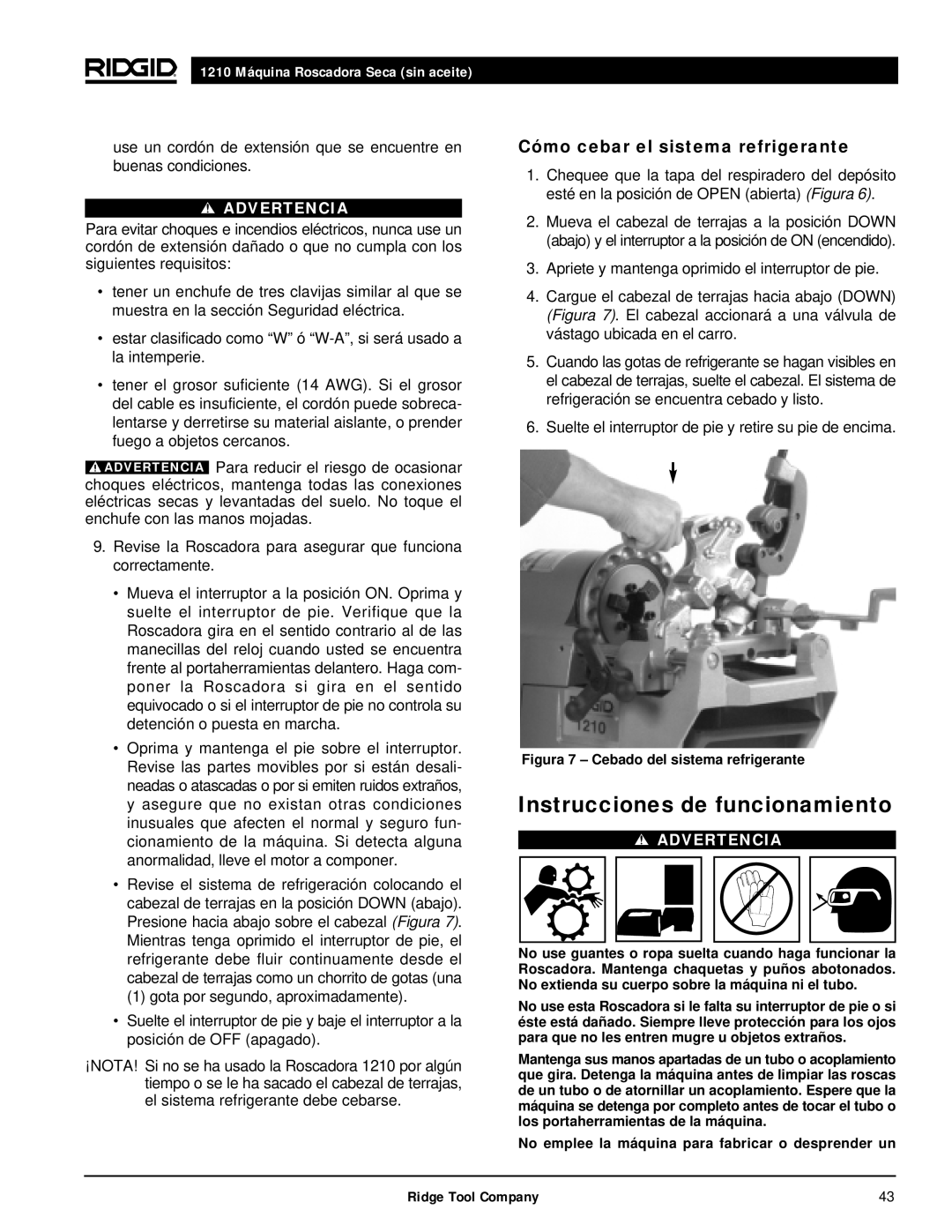 RIDGID 1210 manual Instrucciones de funcionamiento, Cómo cebar el sistema refrigerante 