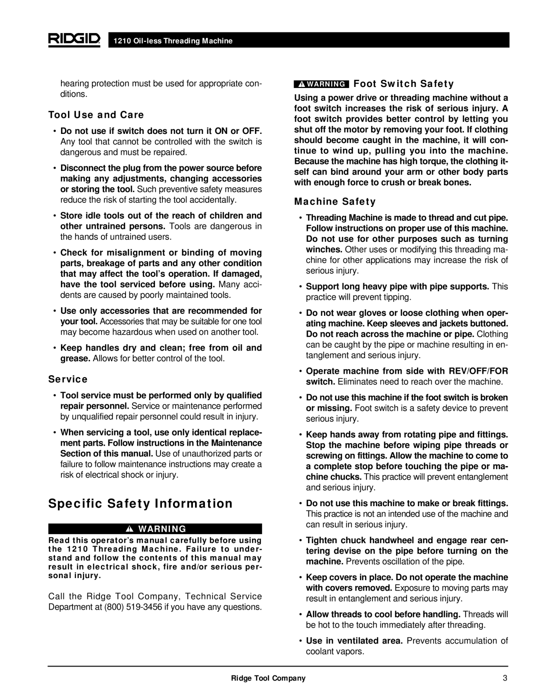 RIDGID 1210 manual Specific Safety Information, Tool Use and Care, Service, Machine Safety 