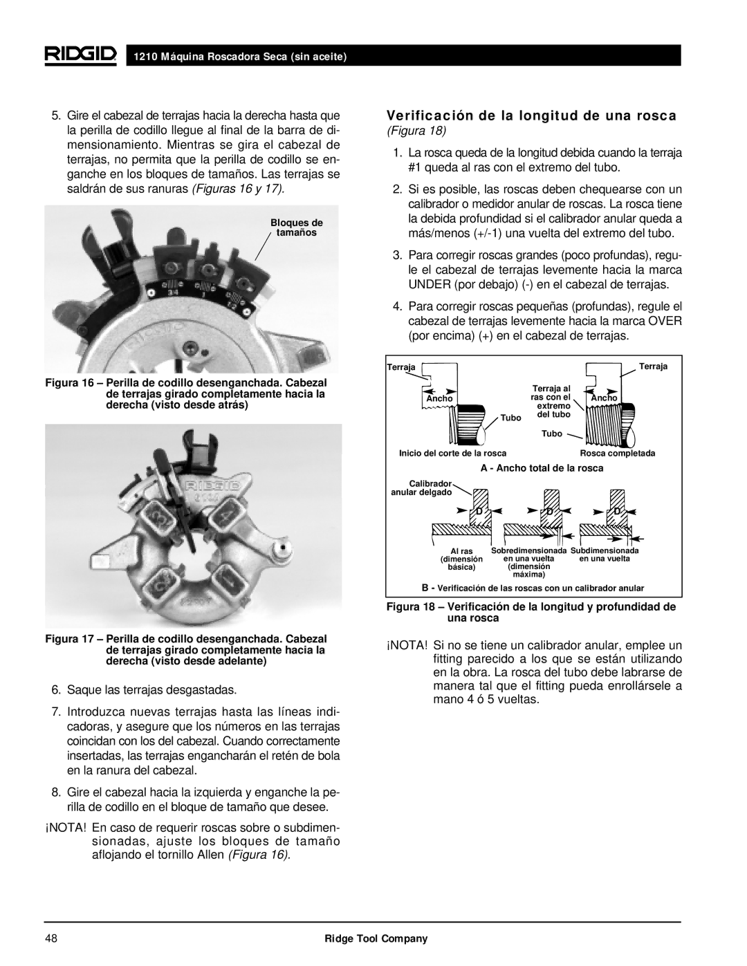 RIDGID 1210 manual Verificación de la longitud de una rosca, Ancho total de la rosca 