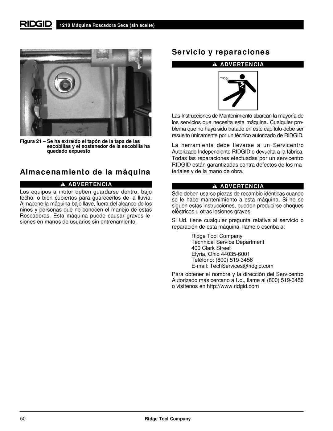 RIDGID 1210 manual Almacenamiento de la máquina, Servicio y reparaciones 