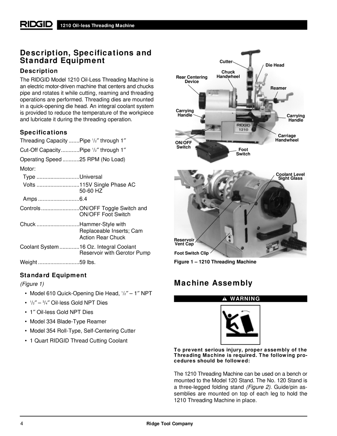 RIDGID 1210 manual Description, Specifications and Standard Equipment, Machine Assembly 